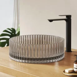 EMKE Lavabo en Verre Trempé Rond à Poser 400x400x120 mm, Vasque Salle de Bain, Gris Transparent