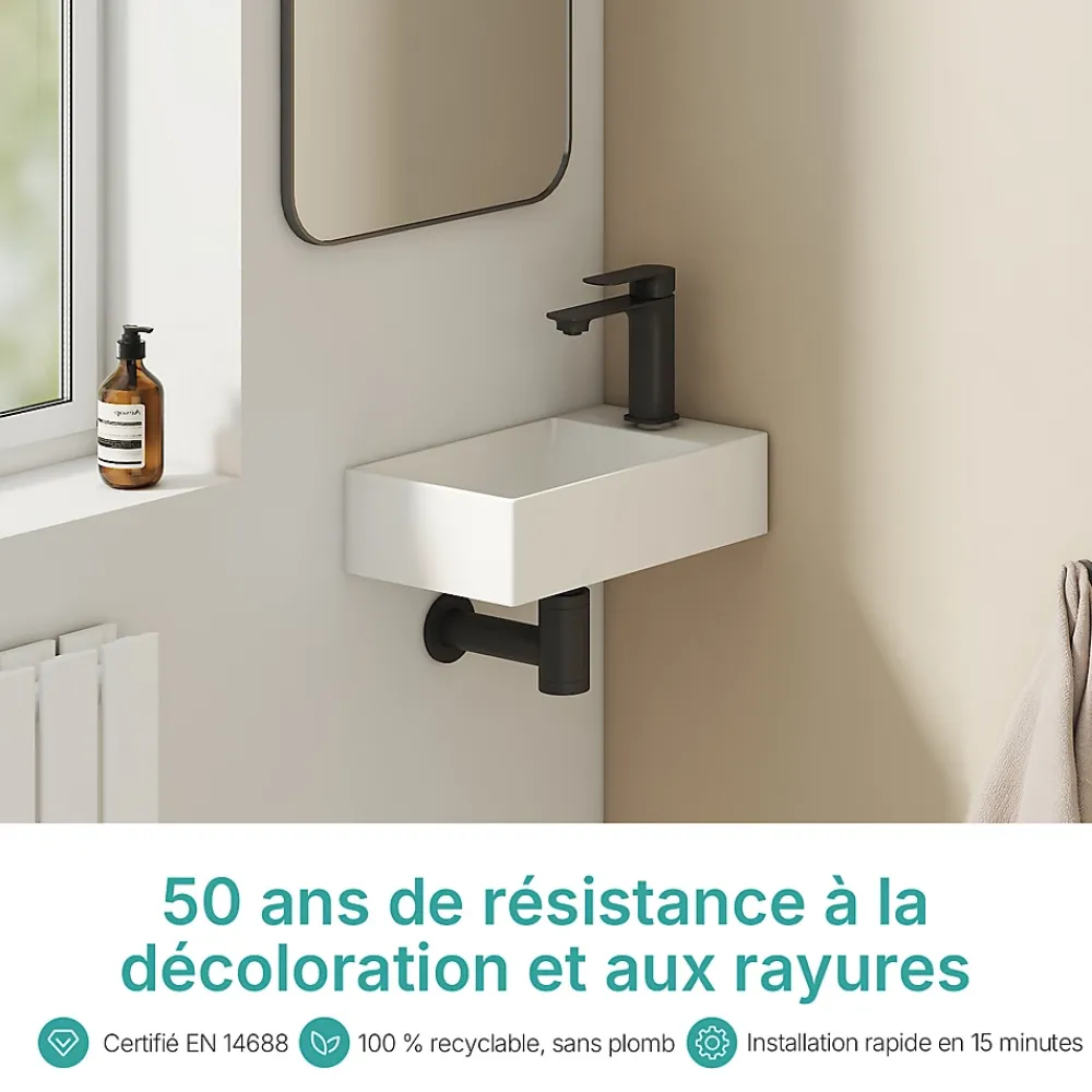 EMKE Lavabo Mural en Céramique 38x22x10cm, Blanc Brillant, Vasque Murale Carrée avec Trou pour Robinet