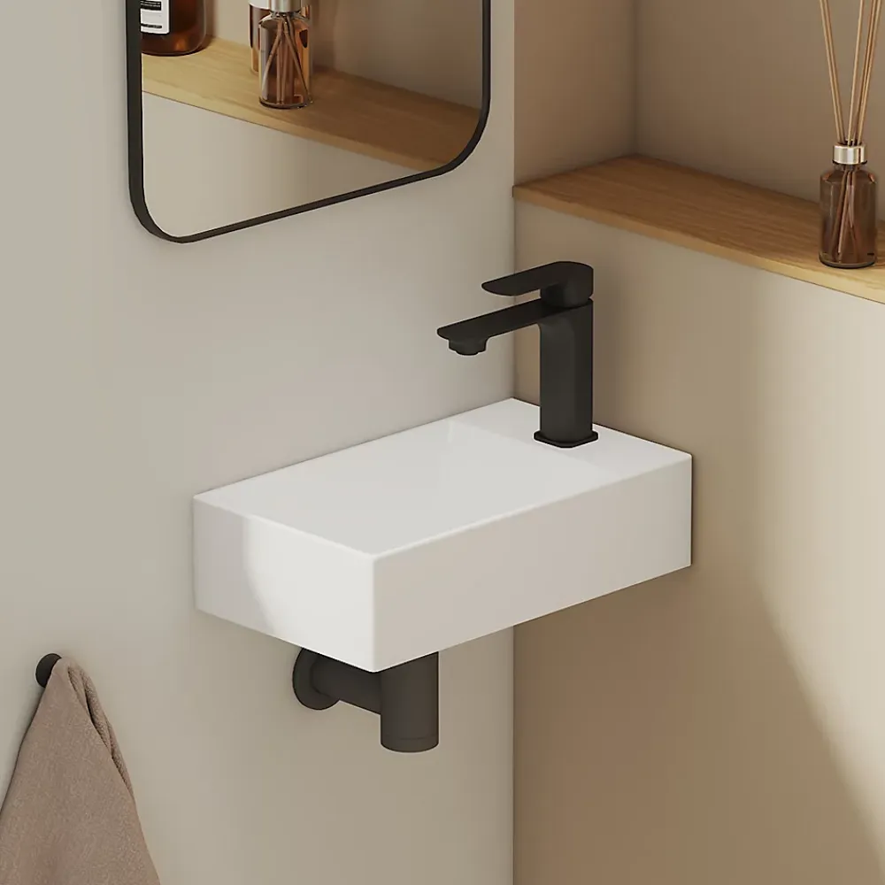EMKE Lavabo Mural en Céramique 38x22x10cm, Blanc Brillant, Vasque Murale Carrée avec Trou pour Robinet