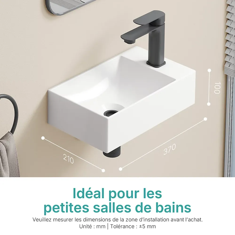 EMKE Lavabo Mural en Céramique 38x22x10cm, Blanc Brillant, Vasque Murale Carrée avec Trou pour Robinet