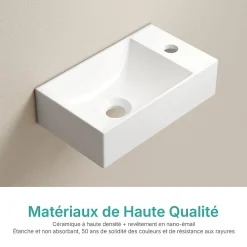 EMKE Lavabo Mural en Céramique 38x22x10cm, Blanc Brillant, Vasque Murale Carrée avec Trou pour Robinet