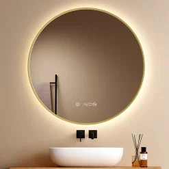 Miroir Lumineux|EMKE LED Miroir lumineux salle de bain rond 80cm Cadre Doré, Anti-buée, Horloge et Temperature, Lumière Neutre