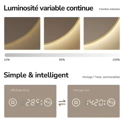 Miroir Lumineux|EMKE LED Miroir lumineux salle de bain rond 80cm Cadre Doré, Anti-buée, Horloge et Temperature, Lumière Neutre