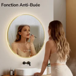 Miroir Lumineux|EMKE LED Miroir lumineux salle de bain rond 80cm Cadre Doré, Anti-buée, Horloge et Temperature, Lumière Neutre