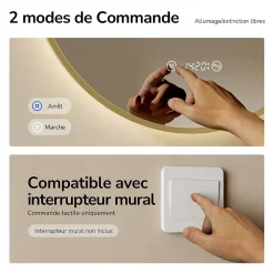 Miroir Lumineux|EMKE LED Miroir lumineux salle de bain rond 80cm Cadre Doré, Anti-buée, Horloge et Temperature, Lumière Neutre