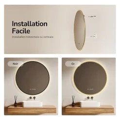 Miroir Lumineux|EMKE LED Miroir lumineux salle de bain rond 80cm Cadre Doré, Anti-buée, Horloge et Temperature, Lumière Neutre