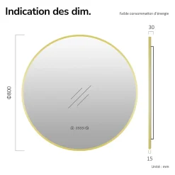 Miroir Lumineux|EMKE LED Miroir lumineux salle de bain rond 80cm Cadre Doré, Anti-buée, Horloge et Temperature, Lumière Neutre