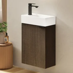 EMKE Meuble de Salle de Bain Murale, Vasque Blanche, Finition Chêne Fumé, Étagère réglable, Portes Soft-Close, Design Moderne