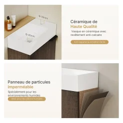 EMKE Meuble de Salle de Bain Murale, Vasque Blanche, Finition Chêne Fumé, Étagère réglable, Portes Soft-Close, Design Moderne