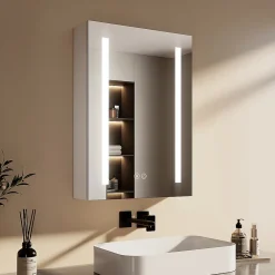 EMKE Meuble de Salle de Bain avec Miroir, Porte Soft-Close, LED Réglable, Prise USB, Anti-Buée, Charnière Gauche
