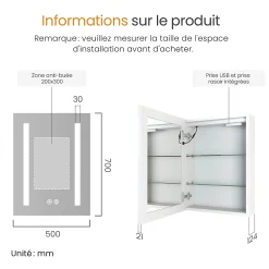 EMKE Meuble de Salle de Bain avec Miroir, Porte Soft-Close, LED Réglable, Prise USB, Anti-Buée, Charnière Gauche