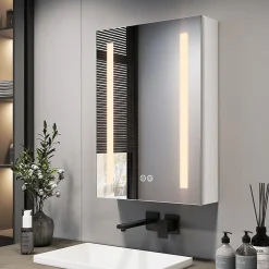 EMKE Meuble de Salle de Bain avec Miroir, Porte Soft-Close, LED Réglable, Prise USB, Anti-Buée, Charnière Gauche