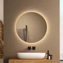 Miroir Lumineux|EMKE Miroir de Salle de Bain 50 cm Rond avec Éclairage LED, Dimmable, Touch Switch, 3 Lumière Couleurs, IP44