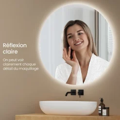 Miroir Lumineux|EMKE Miroir de Salle de Bain 50 cm Rond avec Éclairage LED, Dimmable, Touch Switch, 3 Lumière Couleurs, IP44
