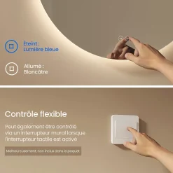 Miroir Lumineux|EMKE Miroir de Salle de Bain 50 cm Rond avec Éclairage LED, Dimmable, Touch Switch, 3 Lumière Couleurs, IP44