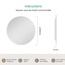 Miroir Lumineux|EMKE Miroir de Salle de Bain 50 cm Rond avec Éclairage LED, Dimmable, Touch Switch, 3 Lumière Couleurs, IP44