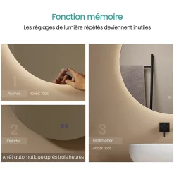 Miroir Lumineux|EMKE Miroir de Salle de Bain 50 cm Rond avec Éclairage LED, Dimmable, Touch Switch, 3 Lumière Couleurs, IP44