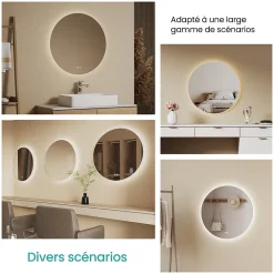 Miroir Lumineux|EMKE Miroir de Salle de Bain 50 cm Rond avec Éclairage LED, Dimmable, Touch Switch, 3 Lumière Couleurs, IP44