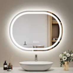Miroir Lumineux|EMKE Miroir lumineux salle de bain ovale 80x60cm, Interrupteur Tactile, Anti-buée, LED éclairage Lumière Froide/Chaude/Neutre