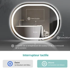 Miroir Lumineux|EMKE Miroir lumineux salle de bain ovale 80x60cm, Interrupteur Tactile, Anti-buée, LED éclairage Lumière Froide/Chaude/Neutre