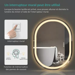 Miroir Lumineux|EMKE Miroir lumineux salle de bain ovale 80x60cm, Interrupteur Tactile, Anti-buée, LED éclairage Lumière Froide/Chaude/Neutre