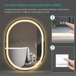 Miroir Lumineux|EMKE Miroir lumineux salle de bain ovale 80x60cm, Interrupteur Tactile, Anti-buée, LED éclairage Lumière Froide/Chaude/Neutre