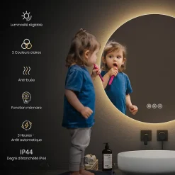 Miroir Lumineux|EMKE Miroir lumineux salle de bain rond 80cm, rétro-éclairage, Interrupteur Tactile, Anti-buée, LED Lumière Froide/Neutre/Chaude