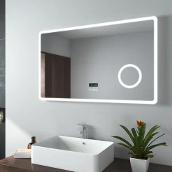 Miroir Lumineux|EMKE Miroir lumineux salle de bain 100x60cm,Interrupteur Tactile,Anti-buée,3x Grossissement,Bluetooth,3 couleurs de LED Lumières