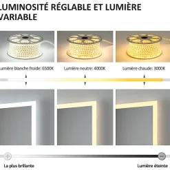 Miroir Lumineux|EMKE Miroir lumineux salle de bain 100x60cm,Interrupteur Tactile,Anti-buée,3x Grossissement,Bluetooth,3 couleurs de LED Lumières