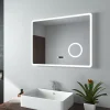 Miroir Lumineux|EMKE Miroir lumineux salle de bain 80x60cm,Interrupteur Tactile, Anti-buée, 3x Grossissement, Horloge,LED Lumière Blanche Froide