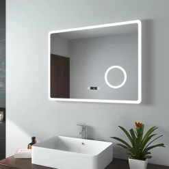 Miroir Lumineux|EMKE Miroir lumineux salle de bain 80x60cm,Interrupteur Tactile, Anti-buée, 3x Grossissement, Horloge,LED Lumière Blanche Froide