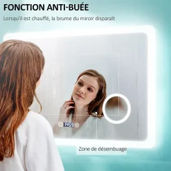 Miroir Lumineux|EMKE Miroir lumineux salle de bain 80x60cm,Interrupteur Tactile, Anti-buée, 3x Grossissement, Horloge,LED Lumière Blanche Froide