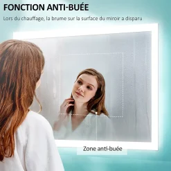 EMKE Miroir lumineux salle de bain 120x60cm, Miroir LED avec Interrupteur à bouton, Anti-buée, lumière Blanche Froide/Chaude