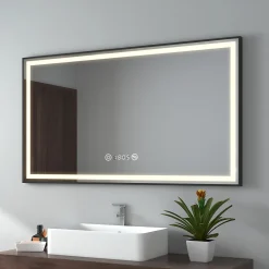 Miroir Lumineux|EMKE Miroir lumineux salle de bain 120x70cm,cadre noir,Interrupteur Tactile, Anti-buée, Horloge et Température, LED Lumière Neutre
