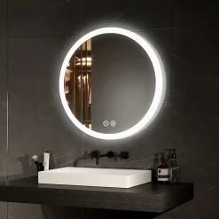 Miroir Lumineux|EMKE Miroir lumineux salle de bain rond diamètre 60cm, Miroir LED avec Interrupteur Tactile, Anti-buée, 3 couleurs de Lumières