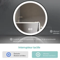 Miroir Lumineux|EMKE Miroir lumineux salle de bain rond 60cm cadre noir, Sangle réglable, Interrupteur Tactile, LED Lumière Froide/Chaude/Neutre