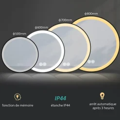 Miroir Lumineux|EMKE Miroir lumineux salle de bain rond 60cm cadre noir, Sangle réglable, Interrupteur Tactile, LED Lumière Froide/Chaude/Neutre