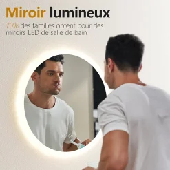 EMKE Miroir lumineux salle de bain rond diamètre 80cm, Miroir LED avec Interrupteur Tactile, Anti-buée, 3 couleurs de Lumières