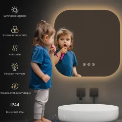 Miroir Lumineux|EMKE Miroir lumineux salle de bain sans cadre 60x60cm , Interrupteur Tactile, Anti-buée, LED Lumière Blanche Froide/Neutre/Chaude
