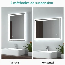 EMKE Miroir lumineux salle de bain 50x70cm, Miroir LED avec l'éclairage, Interrupteur Tactile, Anti-buée, Lumière Blanche Froide