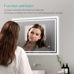Miroir Lumineux|EMKE Miroir lumineux salle de bain 50x60cm, Miroir LED avec l'éclairage, Interrupteur Tactile, Anti-buée, Lumière Blanche Froide