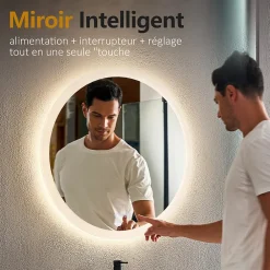 EMKE Miroir lumineux salle de bain rond diamètre 50cm, Miroir LED avec Interrupteur Tactile, Anti-buée, 3 couleurs de Lumières