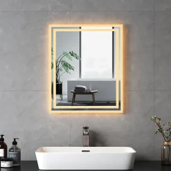 Miroir Lumineux|EMKE Miroir lumineux salle de bain 60x50cm,Miroir LED avec Interrupteur à bouton,Anti-buée,éclairage lumière Blanche Froide/Chaude