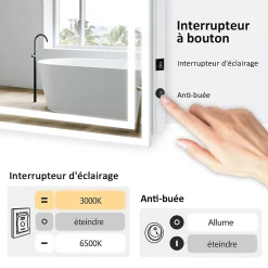 Miroir Lumineux|EMKE Miroir lumineux salle de bain 60x50cm,Miroir LED avec Interrupteur à bouton,Anti-buée,éclairage lumière Blanche Froide/Chaude