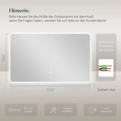 EMKE Miroir lumineux salle de bain Rétro-éclairage 100x60cm, Miroir LED avec Interrupteur Tactile, lumière blanche froide