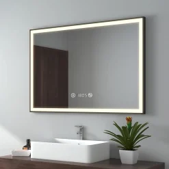 EMKE Miroir lumineux salle de bain 100x70cm,cadre noir,Interrupteur Tactile, Anti-buée, Horloge et Température, LED Lumière Neutre