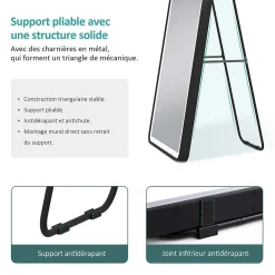 Miroir Lumineux|EMKE Miroir pleine longueur avec éclairage LED, lumière variable, dimmable, 160 x 60 cm, interrupteur tactile, noir
