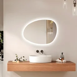 Miroir Lumineux|EMKE Miroir salle de bain avec éclairage, asymétrique, anti-buée, interrupteur tactile, 3 couleurs de lumière réglable, 75 x 55 cm