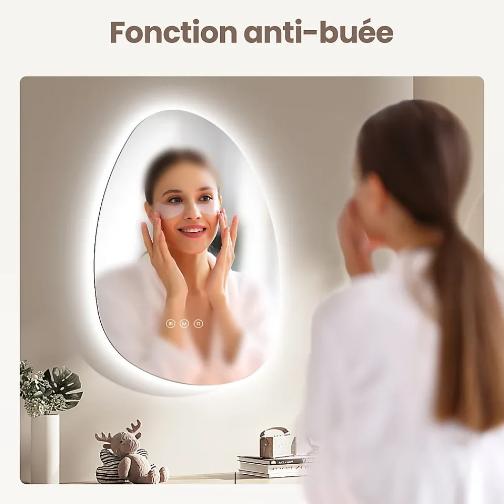 Miroir Lumineux|EMKE Miroir salle de bain avec éclairage, asymétrique, anti-buée, interrupteur tactile, 3 couleurs de lumière réglable, 75 x 55 cm