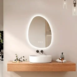 Miroir Lumineux|EMKE Miroir salle de bain avec éclairage, asymétrique, anti-buée, interrupteur tactile, 3 couleurs de lumière réglable, 65 x 45 cm